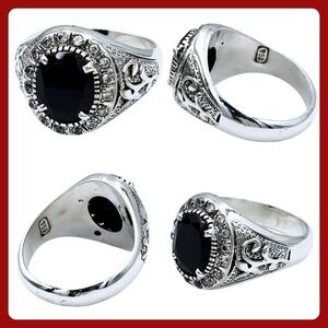 950 Silver Black Onyx Mens Signet‎ Ring Oval Halo Filigree Band Size 11